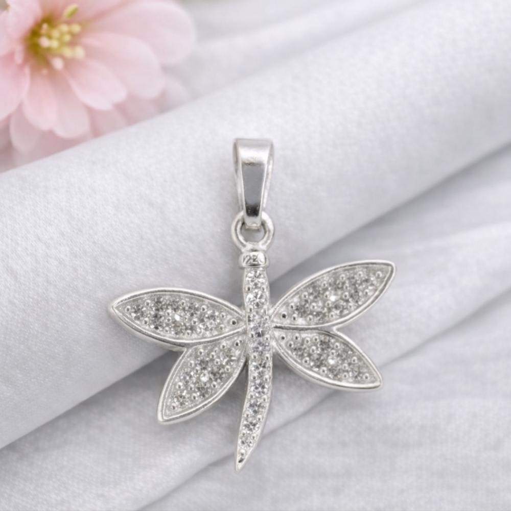Dragonfly Pendant CZ Libelula Charm Necklace 925 Mex. Sterling Silver 1.45cm